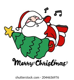 Santa Claus hinging Christmas tree cartoon vector illustration