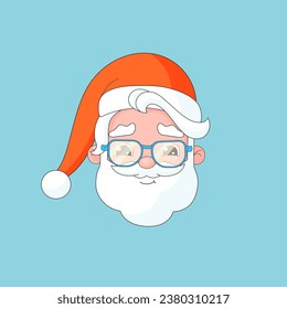 Santa Claus hipster face icon, Cute Christmas mascot, Groovy Santa head. Cartoon senior man with modern sunglasses. 