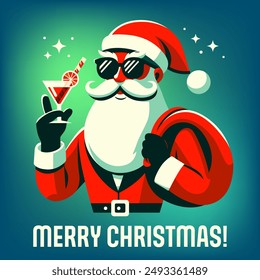 Santa Claus Hipster mit einem Glas. Hipster Santa Claus mit stilvollem Bart und hippe Sonnenbrille. Hipster Weihnachtskarte, Poster oder Einladungsflyer. Fröhliche Weihnachtsmusiken und Happy Neu Year Poster im Neonstil