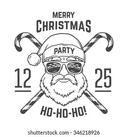 Santa Claus with hipster glasses and candy cones print design. Vintage disco insignia. Christmas old man portrait. Rock and roll logo. New year t-shirt illustration