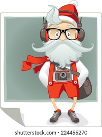 Santa Claus Hipster Style Cartoon - Vector cartoon of Santa Claus in stylish hipster outfit with eyeglasses, photo camera and headphones. File type: vector EPS AI8 compatible. 