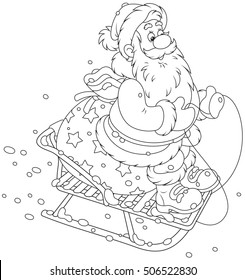 Santa Claus with his bag of Christmas gifts sledding down the snow hill