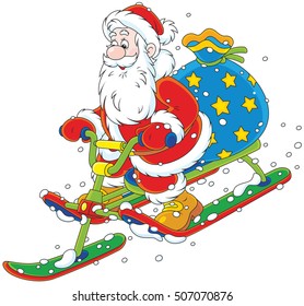 Santa Claus with his bag of Christmas gifts sliding down the snow hill on a snow-scooter