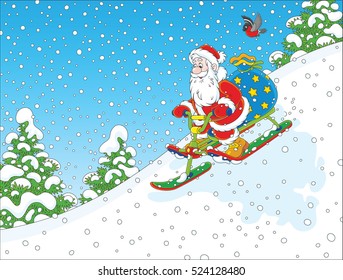 Santa Claus with his bag of Christmas gifts sliding down the snow hill on a snow-scooter