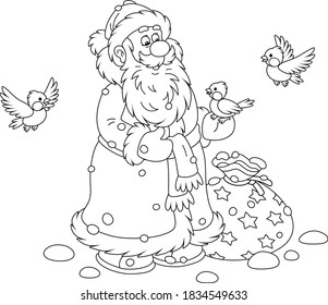 Santa Claus with his Christmas gift bag, smiling and playing with little cheerful birds flying around him, black and white outline vector cartoon illustration for a coloring book page