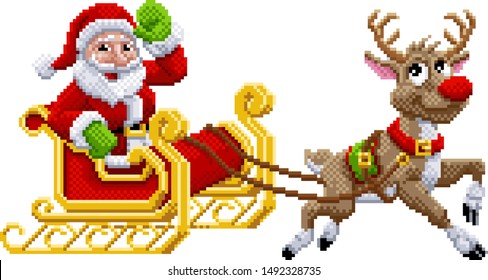 Santa Claus and his Christmas reindeer sleigh in an 8 bit pixel art video game style