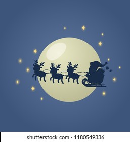 Santa Claus in his Christmas sled sleigh with his reindeers across the Moonlit night sky. Colorful flat vector illustration. Isolated on white background.