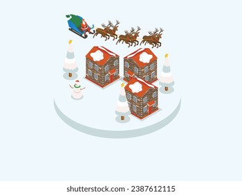 Santa Claus en su trineo navideño con renos volando por encima de las casas isométrico 3d concepto de ilustración vectorial para banner, sitio web, página de aterrizaje, volante, tarjeta de saludo, etc