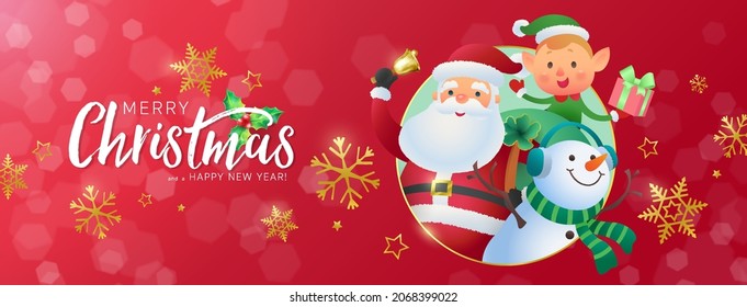 Santa Claus with his companions and Merry Christmas calligraphy on red background. Vector flat illustration.