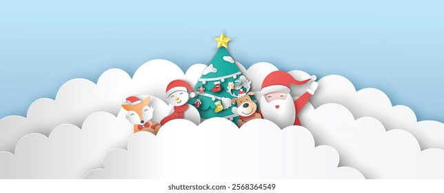 Santa Claus with his companions snowman, reindeer and fox are happy in Christmas. Merry Christmas. paper cut and craft design. vector, illustration.