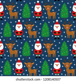 Santa Claus, his deer and Christmas trees, seamless vector pattern