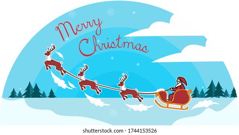 santa claus and his deer fly in snowy wheather vector