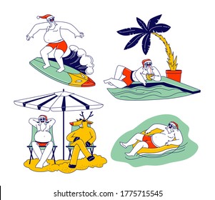 Santa Claus and his Deer on Vacation. Christmas Characters Traveling to Tropical Resort Surfing in Ocean, Relax with Cocktail under Palm Tree, Tanning under Umbrella. Linear People Vector Illustration