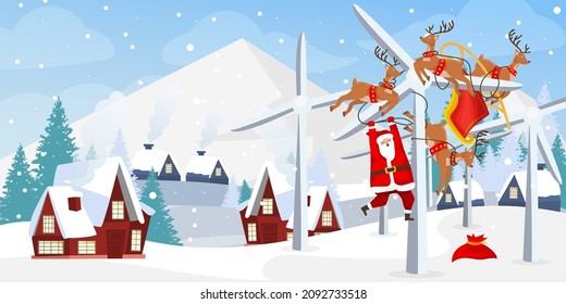 Santa Claus with his deers got lost in the windmill. Technology meets traditions. Ecological, scientific concept. Humoristic Christmas postcard. Editable vector illustration in funny cartoon style. 