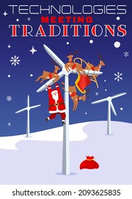 Santa Claus with his deers got lost in the windmill. Technology meets traditions. Ecological, scientific concept. Humoristic Christmas postcard. Editable vector illustration in funny cartoon style.