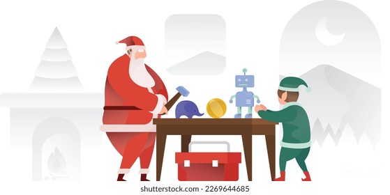 Santa Claus And His Elf Making Toys Christmas UI Banner Illustration Vector EPS