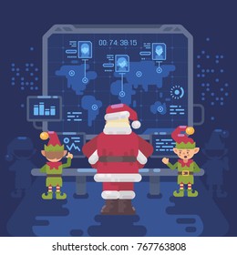 Santa Claus and his elves at Santa's control room looking at a big screen with interactive map of naughty and nice children around the world. Christmas flat illustration 