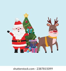 Santa Claus and his friend reindeer delivering presents