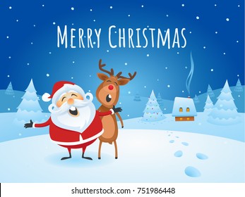 Santa Claus with His Friend Reindeer Singing Merry Christmas