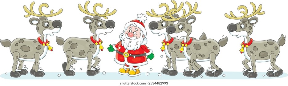 Santa Claus and his funny magical flying reindeers before start of their Christmas travel, vector cartoon illustration on a white background