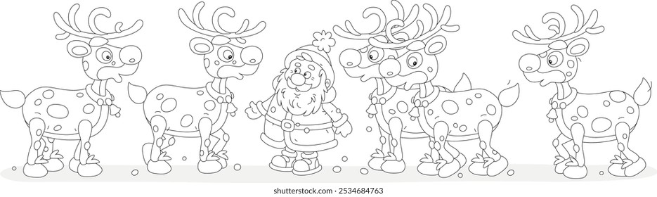 Santa Claus and his funny magical flying reindeers before start of their Christmas travel, black and white outline vector cartoon illustration for a coloring book