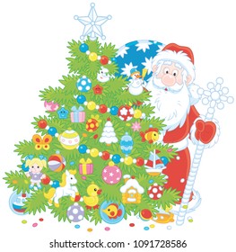 Santa Claus with his gift bag and a magical staff looking out from behind a decorated Christmas tree, vector illustration in a cartoon style, on a white background