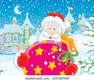 Santa Claus with his gift bag on the street of a small town on the snowy night before Christmas, vector illustration in a cartoon style