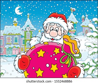 Santa Claus with his gift bag on the street of a small town on the snowy night before Christmas, vector illustration in a cartoon style