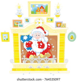Santa Claus with his gift bag looking out of the fireplace