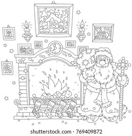 Santa Claus with his gift bag near a fireplace with stockings for Christmas presents