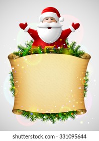 Santa Claus with his hands up above christmas paper scroll. New Year template with blank parchment and christmas tree twigs. Vector illustration