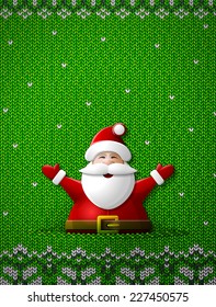 Santa Claus with his hands up on knitted background. Jumper fragment with Santa and ornament. Vector illustration for new year's day, Christmas, winter holiday, new year's eve, Silvester, etc