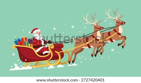 Santa Claus in his iconic red suit and hat, driving a sleigh filled with colorful gift boxes, pulled by three reindeer.