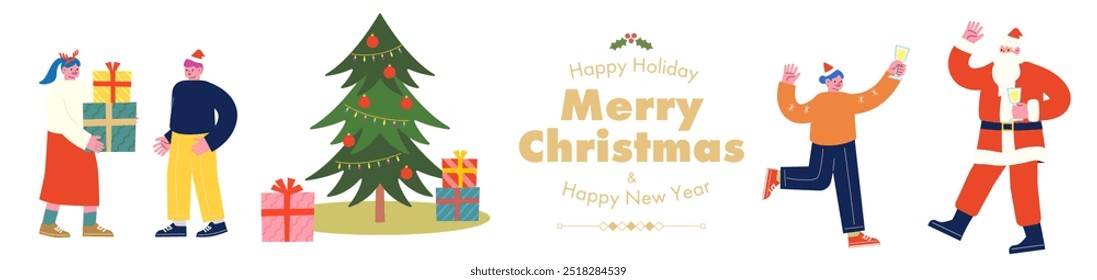 Santa Claus with his jolly friends enjoying a party to celebrate New Year and Christmas together. Young people giving each other gifts by the Christmas tree. Cartoon character vector illustration