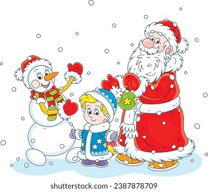 Santa Claus with his little granddaughter and a funny Snowman, vector cartoon illustration