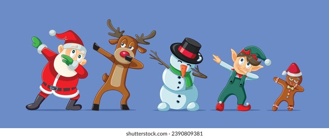 
Santa Claus and his Little Helpers Dancing Together Vector Banner Cartoon. Funny characters having fun celebrating during holidays 
