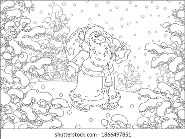 Santa Claus with his magic bag of holiday gifts walking in hurry through a snow-covered winter forest on a cold snowy day, black and white outline vector cartoon illustration