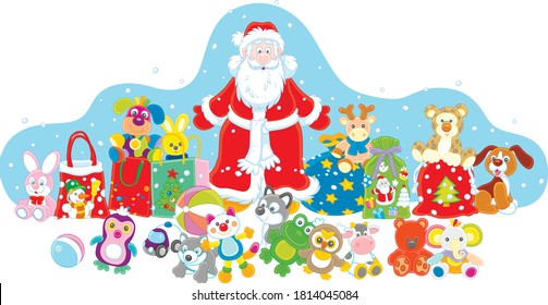 Santa Claus with his magic gift bag, colorful toys and wonderful presents on the snowy night before Christmas, vector cartoon illustration on a white background