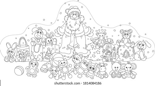 Santa Claus with his magic gift bag, wonderful toys and presents on the snowy night before Christmas, black and white outline vector cartoon illustration