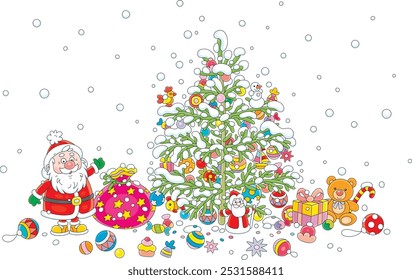 Santa Claus with his magic gift bag and a decorated green Christmas tree with colorful holiday toys, balls, garlands and sweets, vector cartoon illustration on a white background
