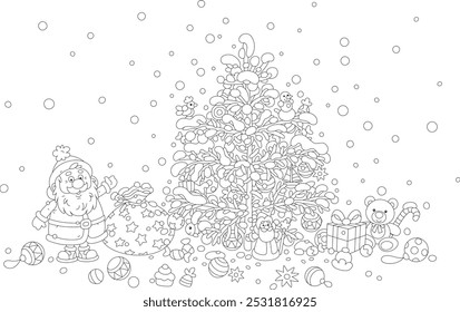 Santa Claus with his magic gift bag and a decorated Christmas tree with funny holiday toys, balls, garlands and sweets, black and white outline vector cartoon illustration for a coloring book