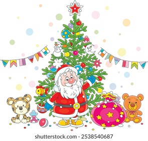 Papá Noel con su bolso mágico del regalo y un árbol de navidad verde decorado con los juguetes coloridos del día de fiesta, bolas, guirnaldas y dulces, ilustración de dibujos animados del Vector en un fondo blanco