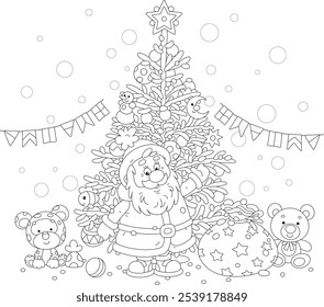 Santa Claus with his magic gift bag and a decorated Christmas tree with funny holiday toys, balls, garlands and sweets, black and white outline vector cartoon illustration for a coloring book