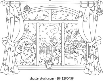 Santa Claus and his magic reindeer peeping into a room through a window with curtains on the snowy night before Christmas in a snow-covered small town, vector cartoon illustration