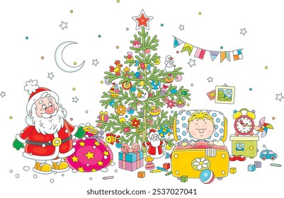Santa Claus with his magical bag full of holiday gifts for a little boy sleeping in a nursery room with a decorated green fir on a Christmas night, vector cartoon illustration on white