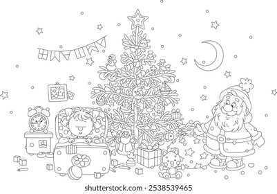 Santa Claus with his magical bag full of holiday gifts for a little girl sleeping in a nursery room with a decorated fir on a Christmas night, black and white vector cartoon illustration