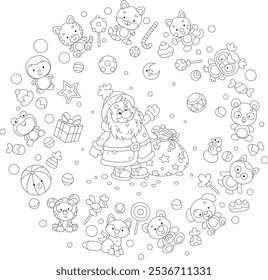 Santa Claus with his magical gift bag surrounded by funny Christmas presents, toys and sweets for little children, black and white outline vector cartoon illustration for a coloring book