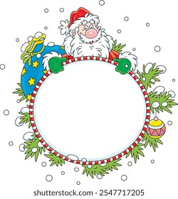 Santa Claus with his magical gift bag holding a holiday banner surrounded by snow-covered fir branches and flying snowflakes, vector cartoon illustration on a white background