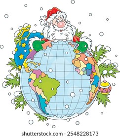 Santa Claus with his magical gift bag and a globe surrounded by snow-covered fir branches before a travel around the world on a snowy night before Christmas, vector cartoon illustration