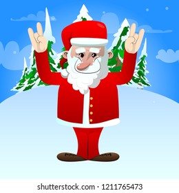 Santa Claus in his red clothes with white beard with hands in rocker pose. Vector cartoon character illustration.